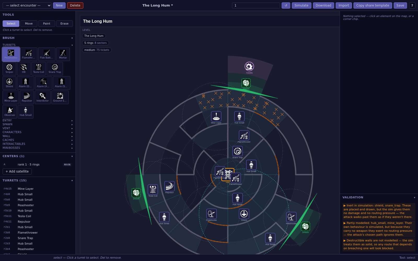 A drafted maze on the canvas, five rings deep, with turrets placed throughout and the corner chips showing the level name, the hero, and the turret list.